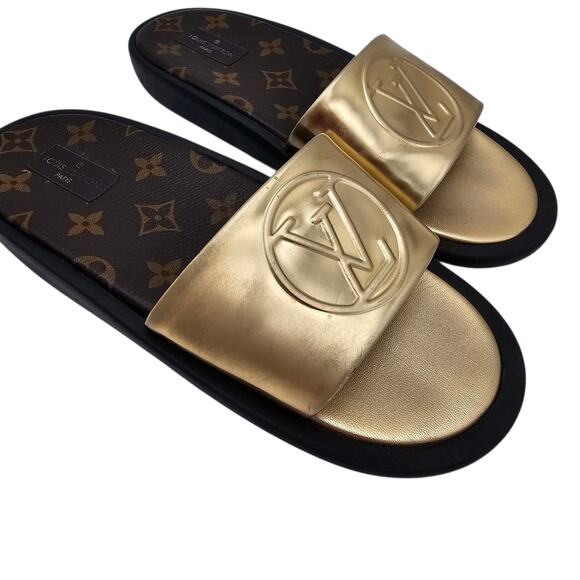 Louis Vuitton Sunbath Slide Sandal Flat Gold Brown Monogram Canvas Size 38 US 8 - Picture 10 of 12
